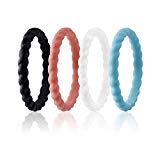 ROQ Silicone Wedding Ring for Women, Set of 4 Thin Stackable Silicone Rubber Wedding Bands Braided – Light Blue, White, Black Flamingo Pink – Size 7