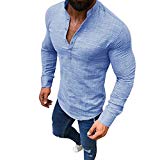 Mens Shirts Clearance Binmer Cotton Linen Long Sleeve Henley Shirts V Neck Button Up Casual Business Fit Tops (L, Light Blue)