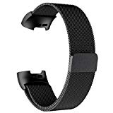 POY Metal Replacement Bands Compatible for Fitbit Charge 3 and Charge 3 SE Fitness Activity Tracker, Milanese Loop Stainless Steel Bracelet Strap with Unique Magnet Lock for Women Men, Small Black