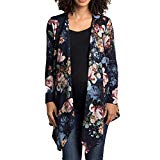 2018 New!!Kimono Tops Blouse for Women Ladies Long Sleeve Flower Print T-Shirt Loose Cardigan (L, Navy)