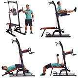 Multifunction Power Tower Dip Station with Bench Adjustable Height for Home Gym Strength Training, Pull Up Push Up Station, Sit Up Station, Vertical Knee Raise and Chin-up Station by HARISON 408